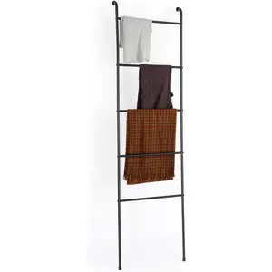 Towel Blanket Ladder Black Metal Blanket Ladder Holder Industrial 5 Tier Wall Leaning Ladder Rack for Bathroom Living Room Laundry Room (Matte Black)