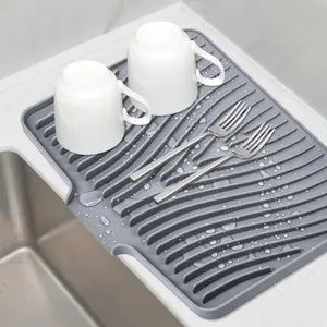 Silicone Dish Drying Mat for Kitchen Counter - Non-Slip Drain Pad with Built-in Drain, Heat Resistant, 15.8" x 13", Grey - Coasters, Tableware