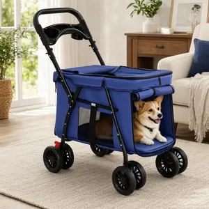 Pet Stroller for Small Medium Dogs Cats, Foldable 4-Wheel Travel Stroller with Breathable Mesh, Shockproof Wheels, Brake System, Storage Tray, Safety Leashes, Navy Blue Carbon Steel, Easy Fold Compact, Navy Blue Color Options