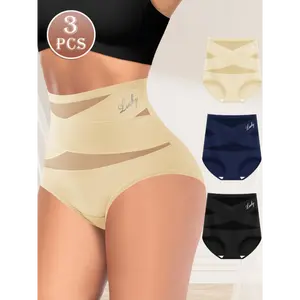 3 Packs, High Waist Belly-tightening, Women's Underwear, Breathable Mesh, Cross Belly-tightening, Ice Silk Without Marks, Briefs, Body Shaping And Buttock Lifting Elegant Polyester Spandex Womenswear Knitted Panties Pieces Solid Wool Chic Mixed Colors