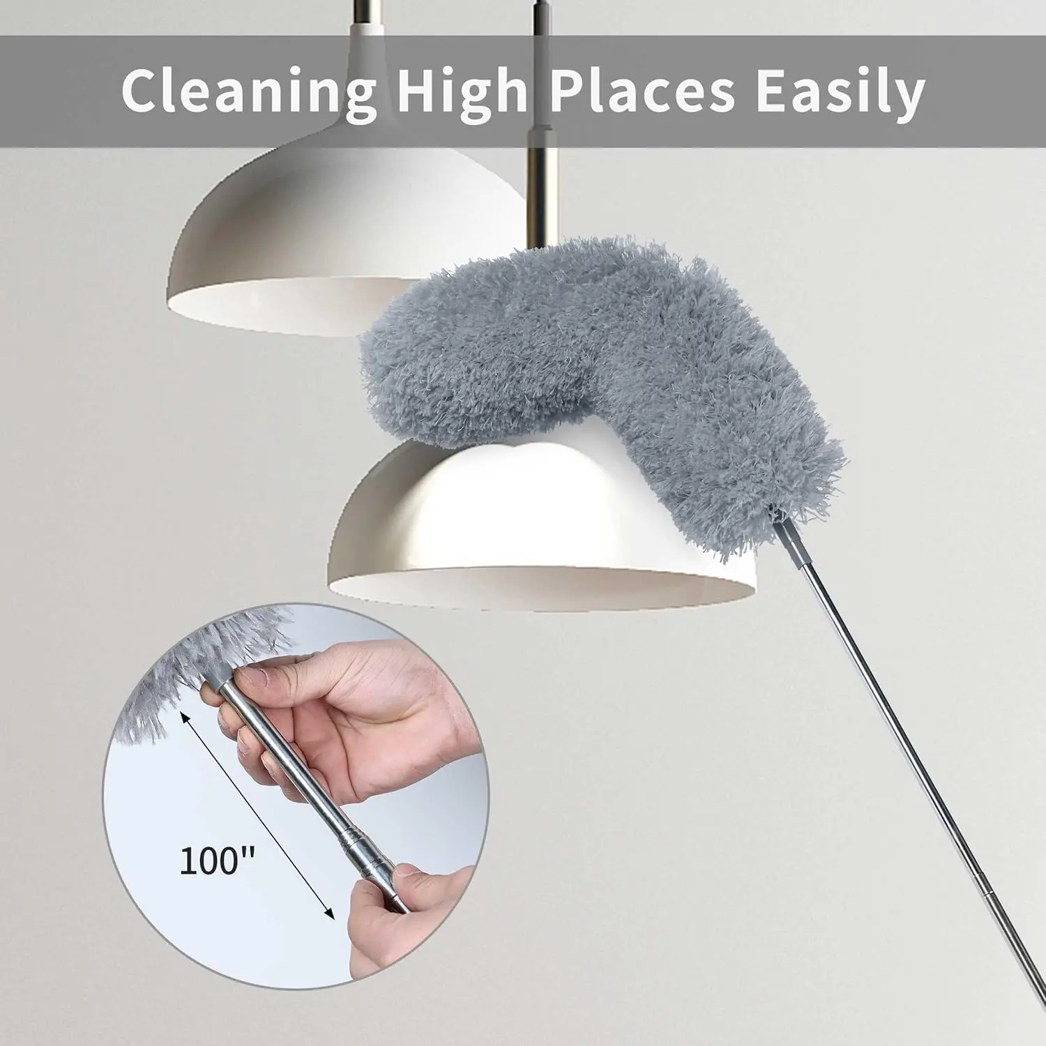 Dark Grey Microfiber Feather Duster with 100-Inch Extendable Pole, High-Reach Bendable Washable Reusable Cleaner for Ceiling Fans, High Ceilings, Household Furniture, Ceiling Fan