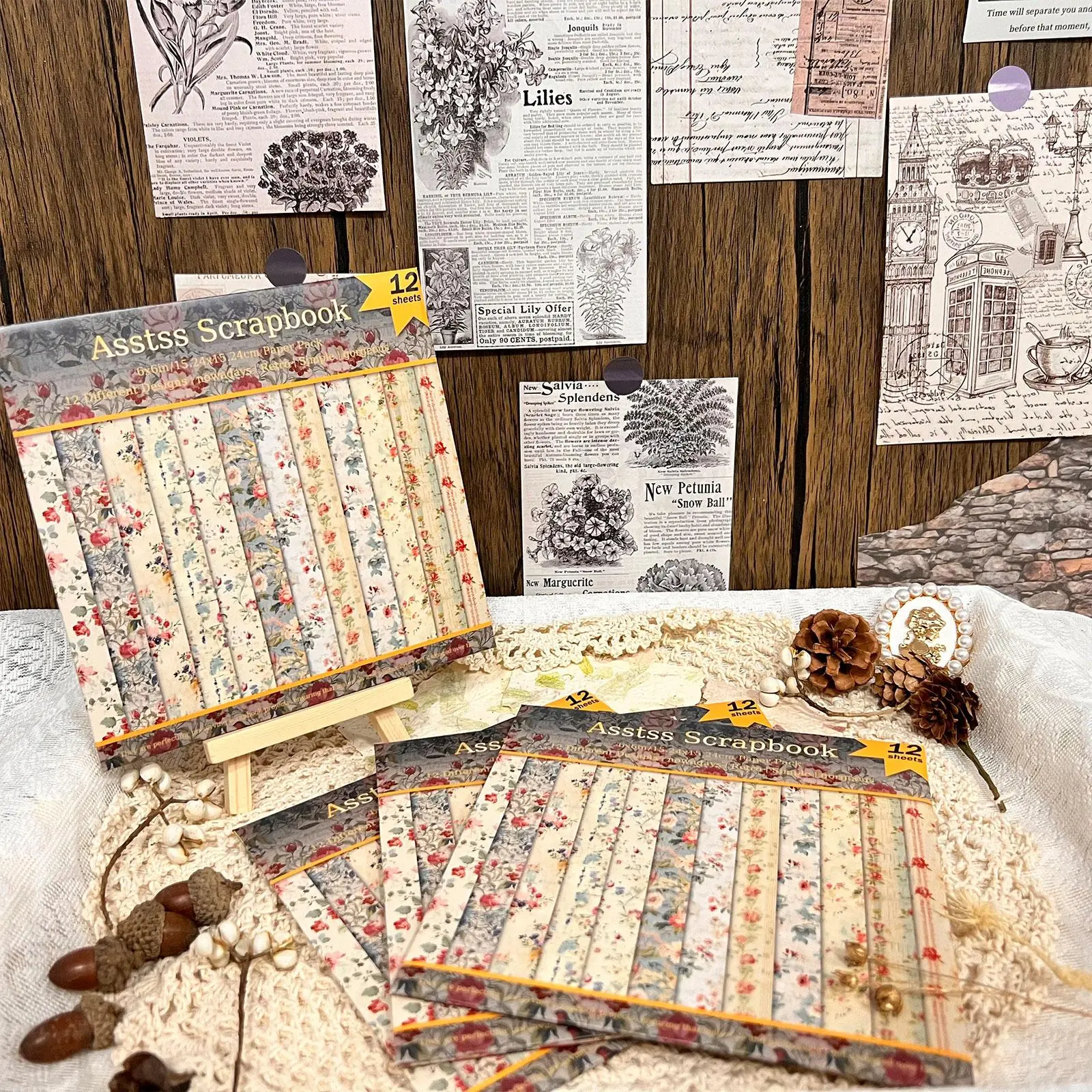 Vintage Floral Scrapbooking Paper Pad, Decorative Paper, 12-sheet Scrapbooking Paper Pad, Heavyweight Cardstock for Bullet Journaling, Collage Art, Greeting Cards, Crafts Kit