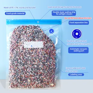 Vacuum storage bags with one-way air valves for fresh food and meat organization in the refrigerator.