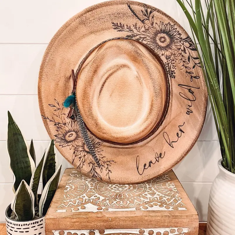 Floral Burned Hat, Floral Engraved Cowboy Hat, Sunflower Hat  display picture 2