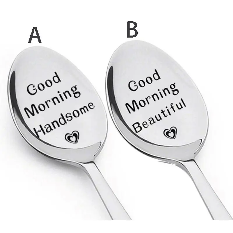 Stainless Steel Good Morning Spoon, 1/2 Counts Letter Pattern Long Handle Spoon, Couple Spoon, Spoons Set, Tableware for Home Kitchen, Gift for Couple