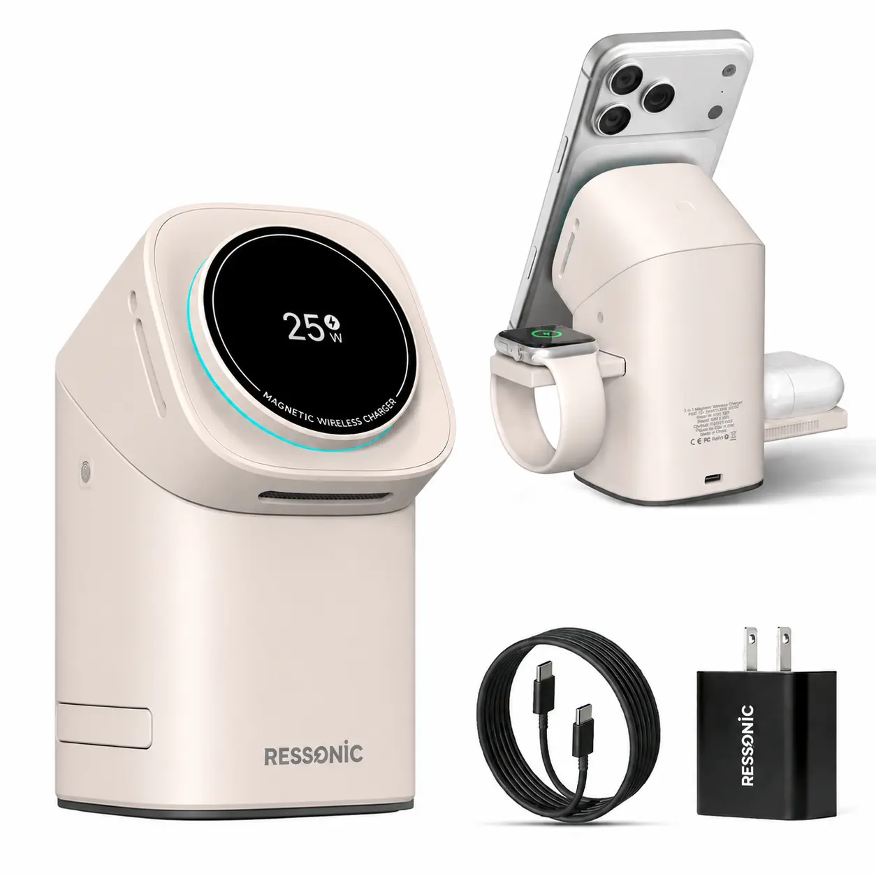 RESSONIC Three in One Wireless Charger Fast Charging Qi2 Certified for iPhone & Samsung iWatch AirPods Magnetic Automatic Rotation Touch Pop-Up Charging Station Easy Carry