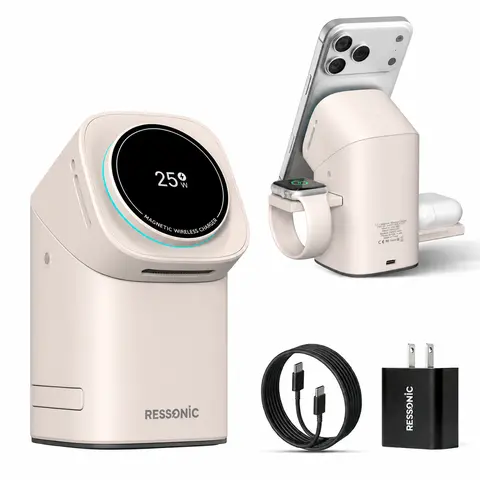 RESSONIC Qi2 Certified 3-Way Fast Wireless Phone Charger - Magnetic Chargeable Charging Station for Smartphone, iWatch, AirPods, with Automatic Rotation, Touch Pop-Up, Portable Aesthetic Desk Gadget