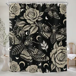 【summervibes】Gothic Moth Skull Shower Curtain Mysterious Butterfly Flower Plants Retro Flowers Retro Leaves Moon Night Starry Sky Black Waterproof Bathroom Bathtub 72x72 Inches