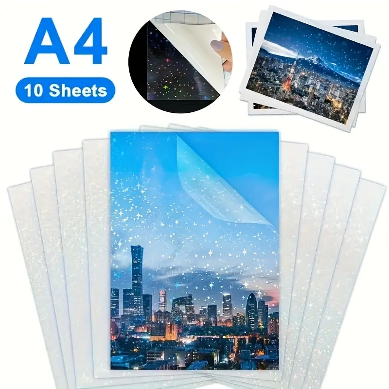 10 Sheets Holographic Sticker Paper Clear A4 Vinyl Sticker Laminate Sheets Adhesive Holographic Overlay Waterproof Transparent Film with Gem, Colorful, Dot, Star