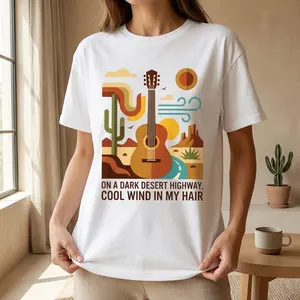 Vintage Acoustic Guitar Desert Highway T-Shirt,On A Dark Desert Highway Guitar T-Shirt, Retro Desert Road Trip Graphic Tee, Summer Vacation & Holiday Gift for Music Lovers kinich