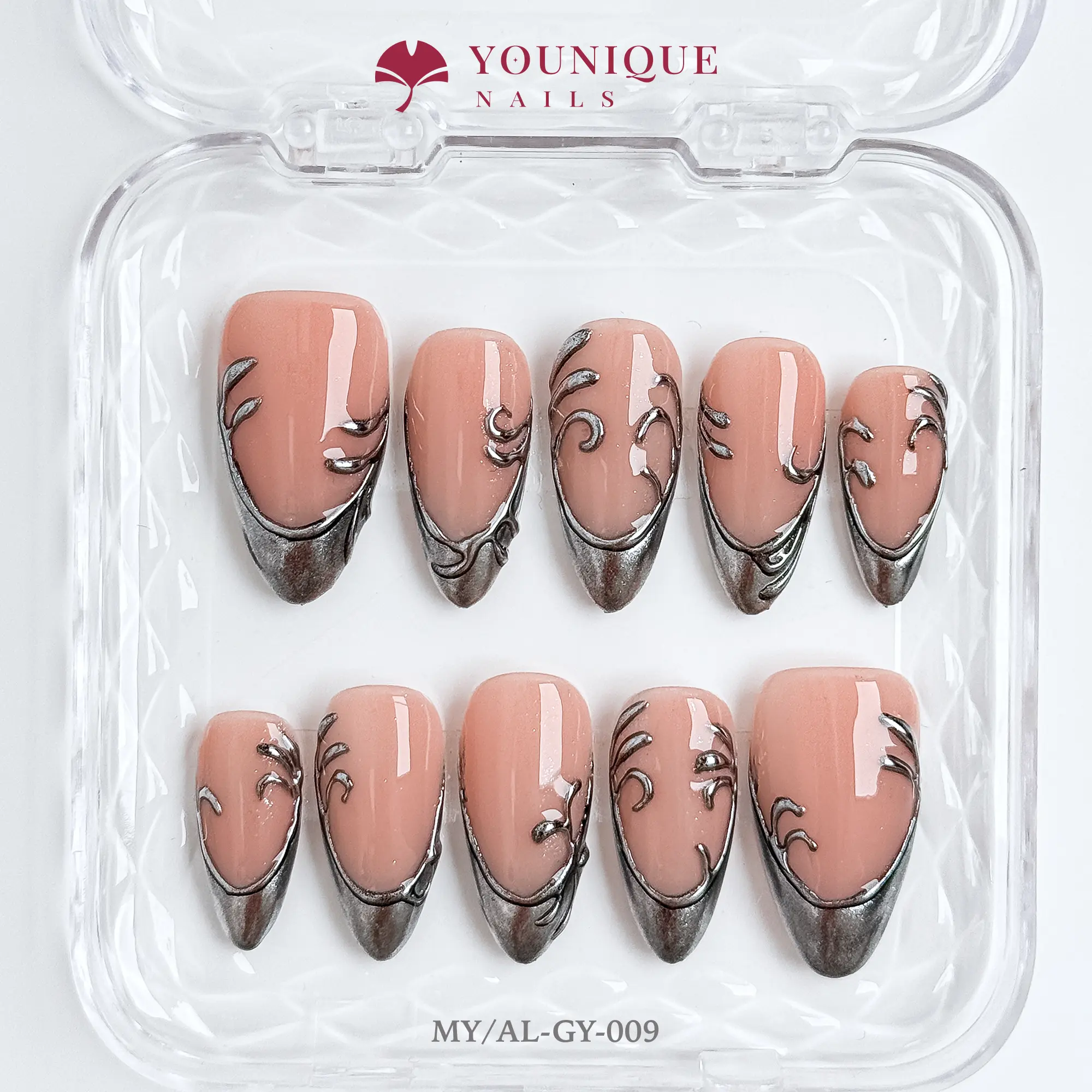 Younique Nails  | 10PCS 100% Handmade Press-On Nails |  Reusable Colorful Art Glossy Design Acrylic Luxury Long Lasting 3D Stylish Office Wear Floral Embellished Rhinestone