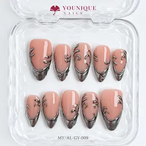Younique Nails 2025 | MY Studio | Silver Vines | 10PCS 100% Handmade Press-On Nails |  Reusable Colorful Art Glossy Design Acrylic Luxury Long Lasting 3D Stylish Office Wear Floral Embellished Rhinestone