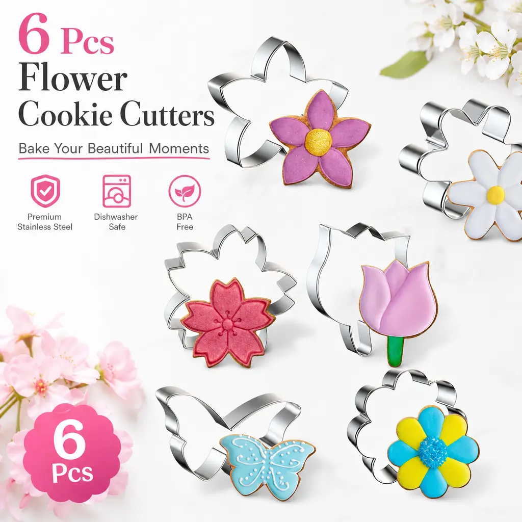 6pcs Stainless Steel Shaped Flower Cookie Cutters Set - 6 Different Sizes Bakeware Decorating Tools with Daisy/Tulip, Butterfly Molds, Rust Resistant, Reusable for Homemaking, Halloween/Thanksgiving Festival Treats