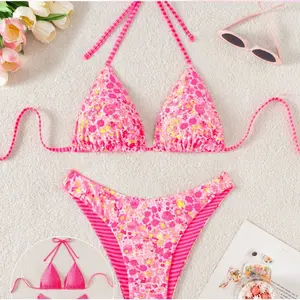 [Oder 10- 12days] Aesthetic Reversible Bikini Set Sexy Floral Printed Swimsuit Women Two Way Wear Halter Bathing Suit Summer Vacation Outfit Multiple Colors