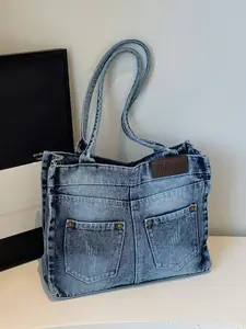 Retro fashion multi-pocket denim Commuter Tote Bag, simple daily large-capacity easy-to-match gradient shoulder bag