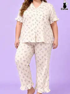 Spring New Arrival Plus Size Women's Loungewear Pajamas 2-Piece Cute Ditsy Floral Short-Sleeve Lapel Shirt & Pants Pajama Set for Home & Outdoor Casual Sleepwear Set