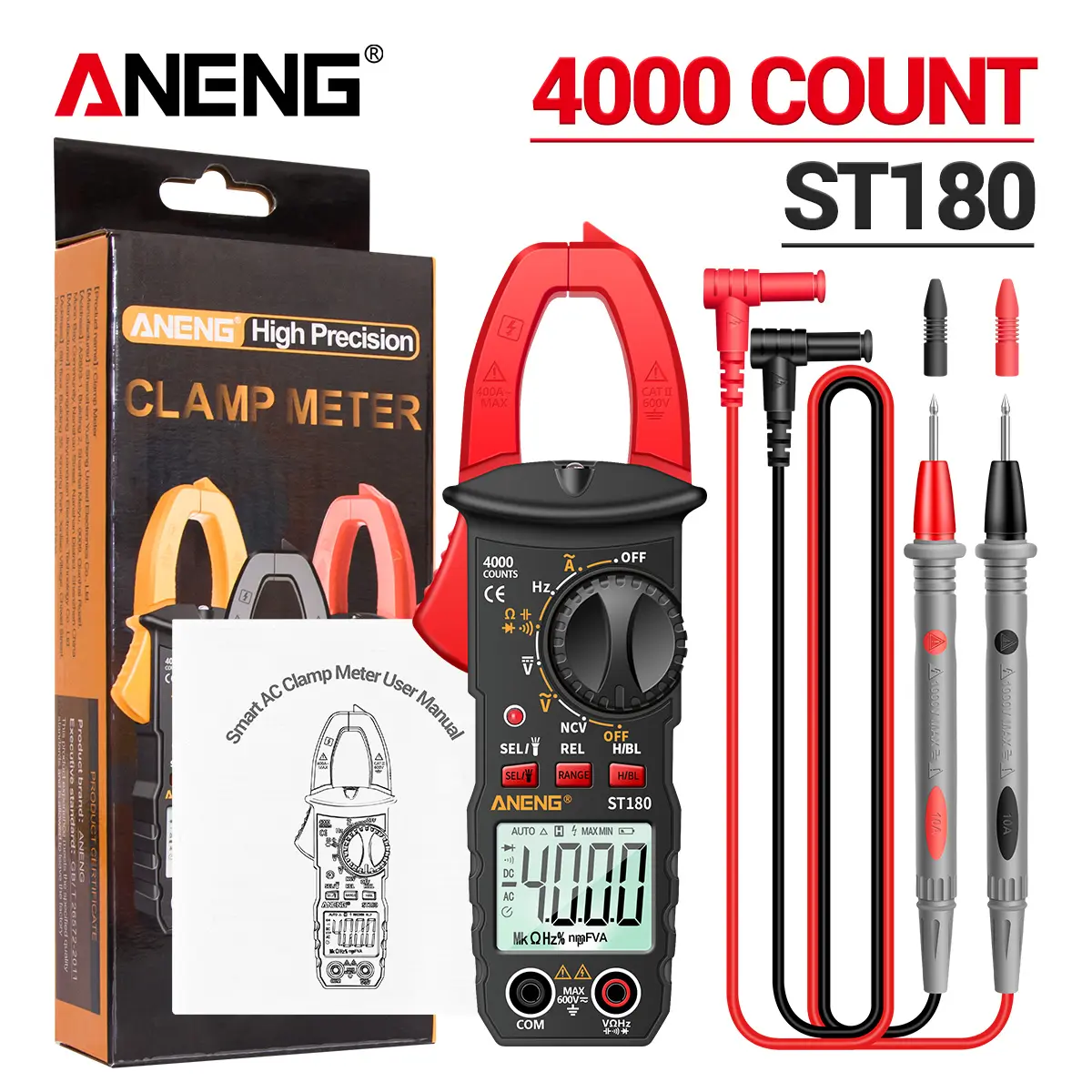 ANENG ST180 4000-Count Digital Clamp Multimeter for Electricians, 1.33 Inches, NCV Detector, Measures AC/DC Voltage-Current-Resistance-Capacitance-Frequency, Backlight, Includes 1*Charging Cable-1*Combination Lead-1*Instruction Manual-1*Storage Bag