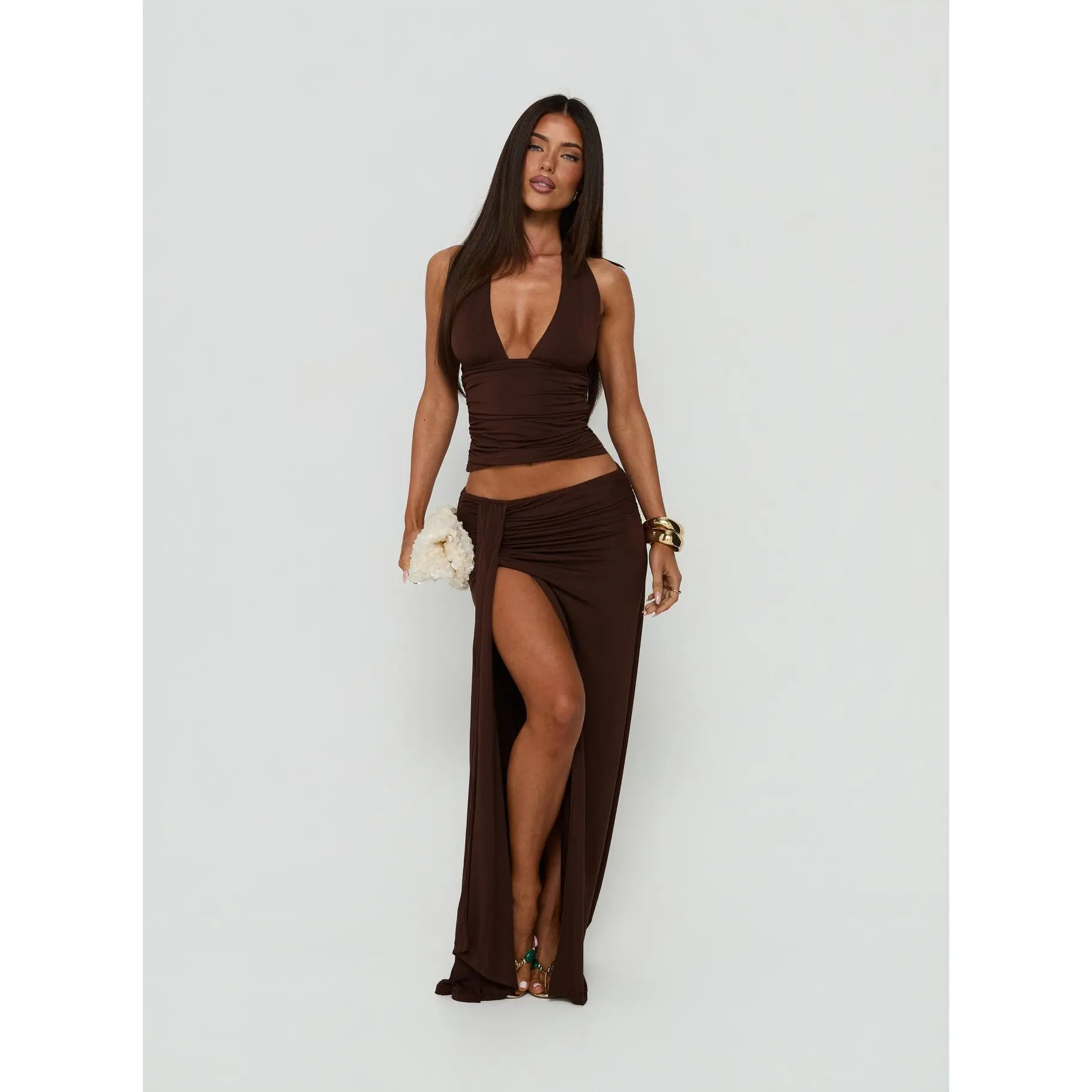 Keerah Ruched Maxi Skirt Brown