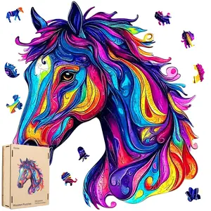 Horse 200PCS Wooden Jigsaw Puzzle for Adults Kids Unique Shape Design Colorful Beautiful Box Fun Challenge Brain Health Family Game Creative Gift for Friends No Warranty