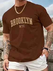 Men's Brooklyn Nyc Vintage Letter Print Cotton T-Shirt, Casual Loose Fit Short Sleeve, Graphic Tee for All Seasons