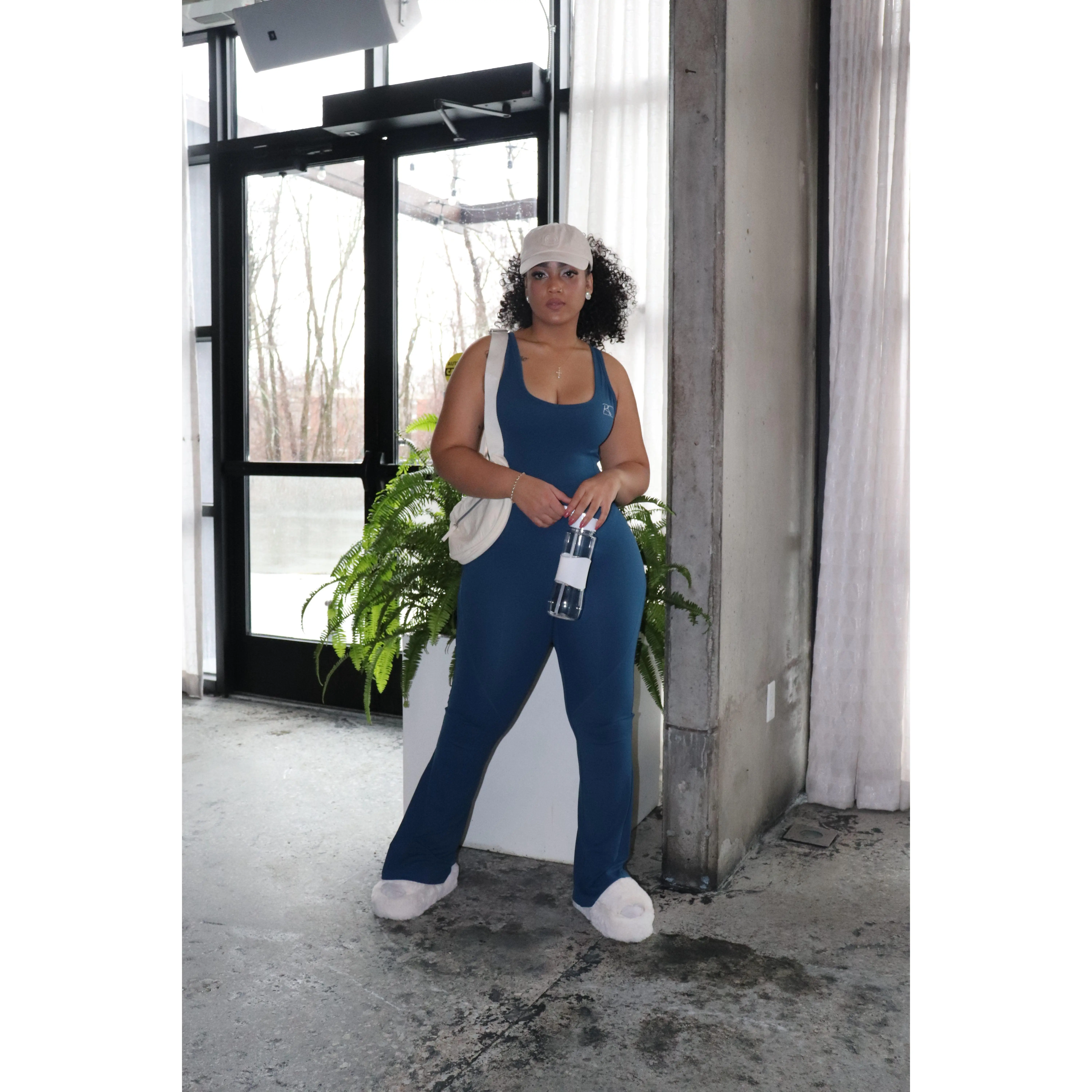 Teal Backless Flare Leg Jumpsuit Gym Womenswear