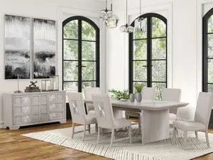 Argenthart FM3368GY-7PC 7-Piece Light Grey Wood Trestle Base Sunburst Pattern Dining Table Set with 6 Chairs Modern Rustic Style