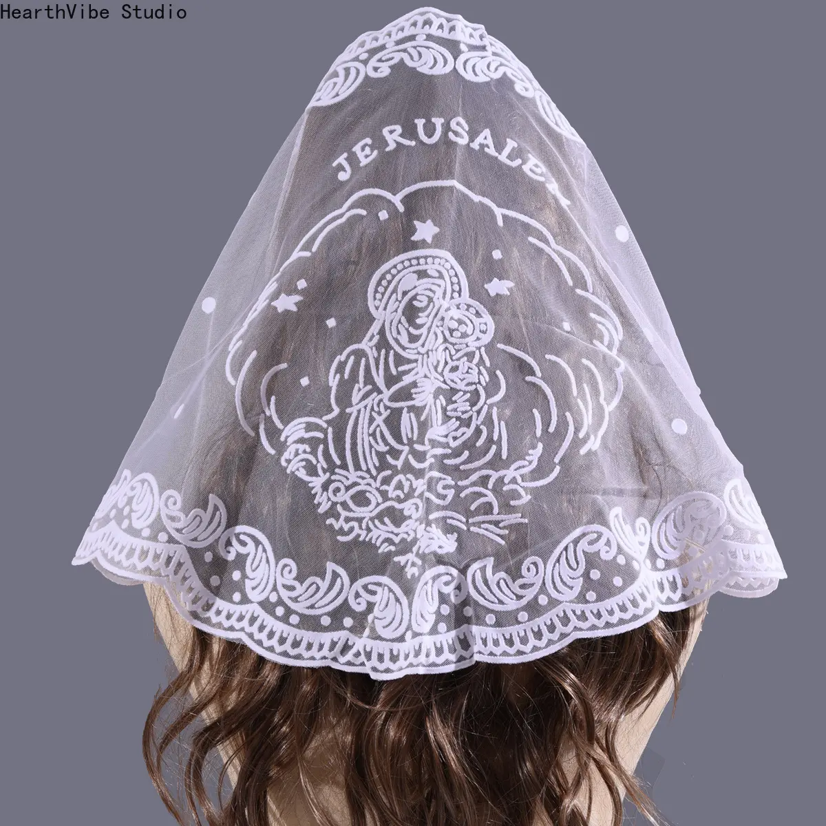 Women's Jerusalem Church Embroidered Catholic Virgin Mary Lace Mantilla Veil - Christian Prayer Scarf, Sports & Outdoor Head Accessory for Mass Pilgrimage