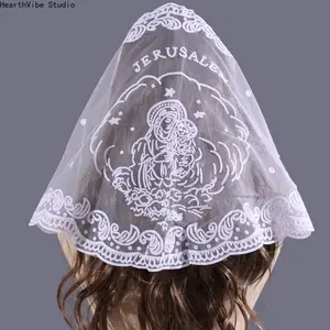 Women's Jerusalem Church Embroidered Catholic Virgin Mary Lace Mantilla Veil - Christian Infinity Scarf for Mass Pilgrimage (Sports & Outdoor Head Accessory)