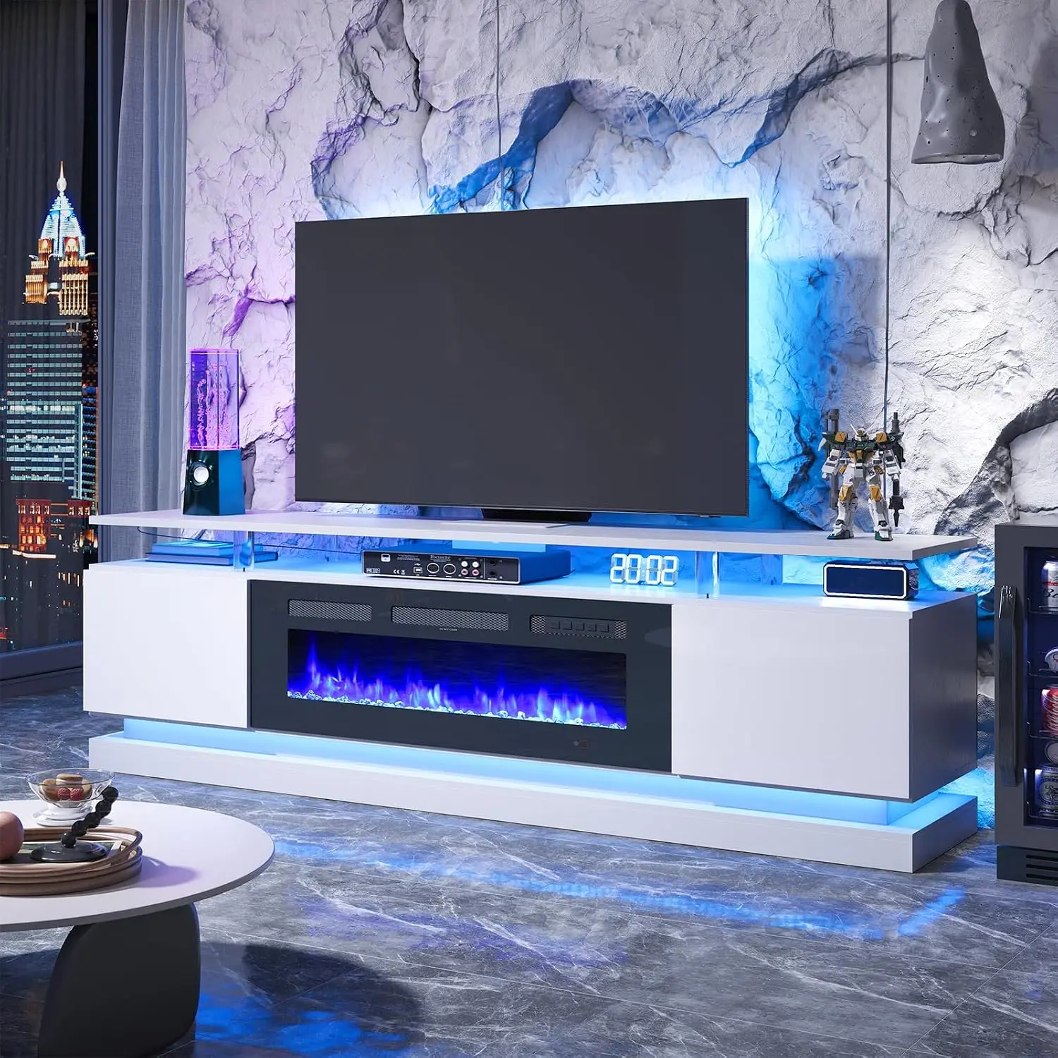 TV Stand 70in Black Led Lights Media 80in Tvs Electric Fireplace with, Storage Cabinets & Adjustable LED Light, Living Room Furniture