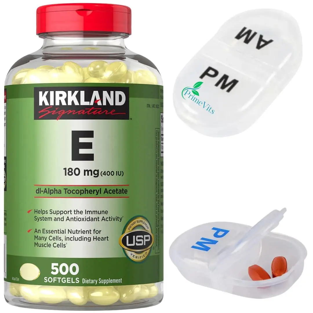 "Support your wellness journey with the PrimeVits Travel Pill Case Bundle, featuring high-potency Kirkland Vitamin E and a convenient organizer for health on the go."