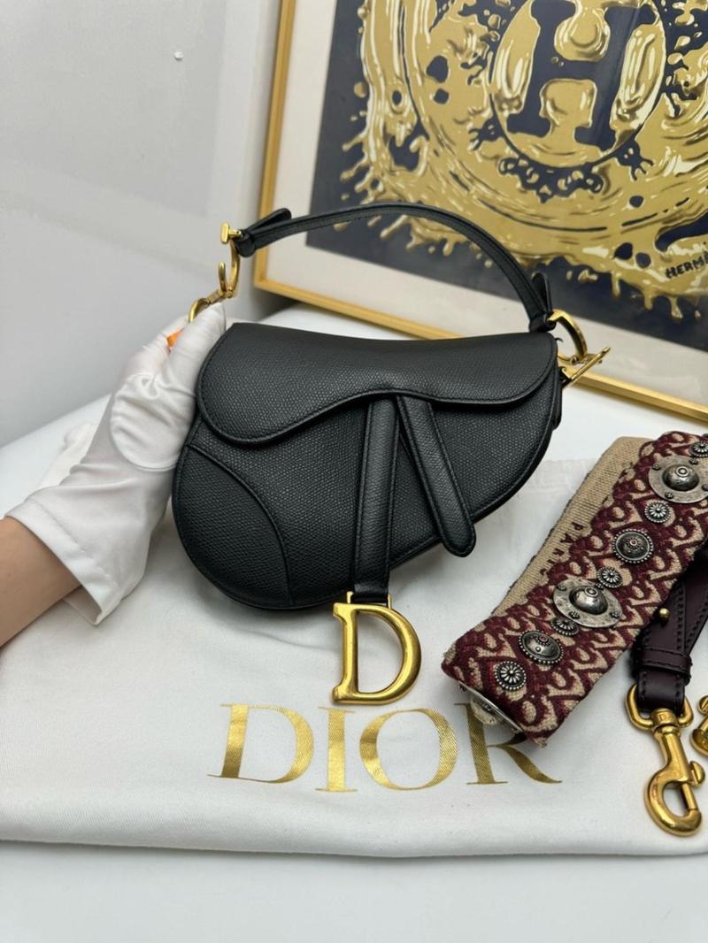 Pre-owned Christian Dior Leather Shoulder Bags Preloved Dior Saddle Black Small w Strap 108523