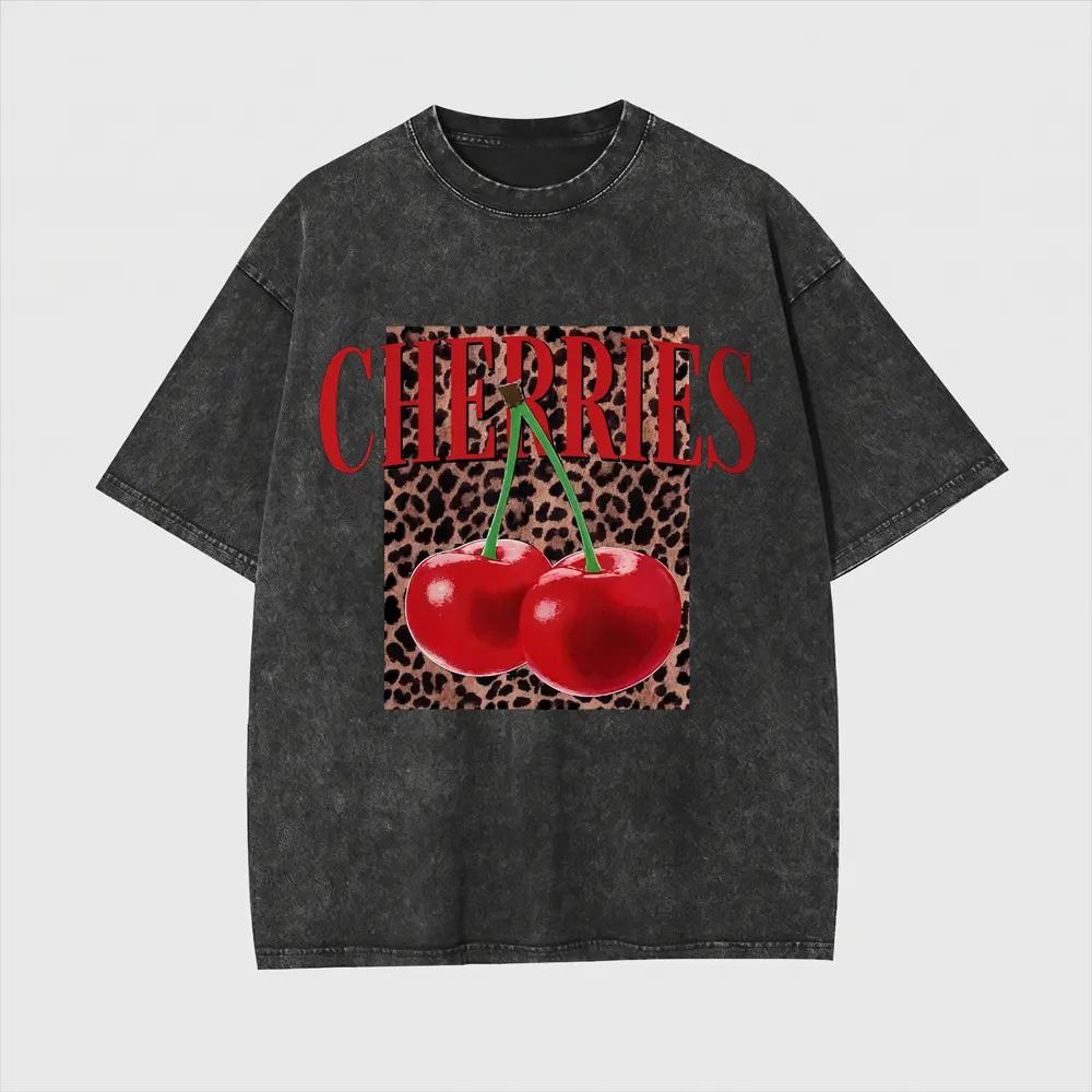 Vintage Red Cherries Leopard Print Graphic Acid Wash T-Shirt for Men Oversized Boxy Fit Heavyweight Cotton Distressed Retro Streetwear Casual Short Sleeve Top Perfect for Everyday Urban Style, Summer Music Festivals & Skater Fashion Wear