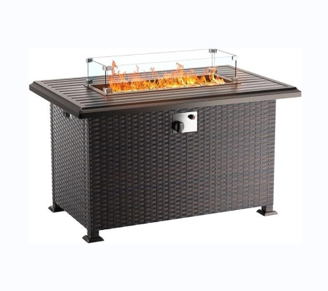 [2 packages delivery] Kullavik Outdoor Propane Gas Fire Pit Table 43'', 55,000 BTU with Rectangular Tabletop, Auto-Ignition, Adjustable Flame,Glass Wind Guard,Brown PE Rattan & ETL,campingessentials,outdoorfurnitureset,campinggear