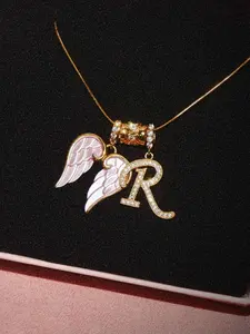 Elegant Vintage Sweet Style Wing Charm and New 26 Letter Design Pendant Necklace, Women's Unique Luxury Zircon Inlay Jewelry, Alphabet Letter Necklace