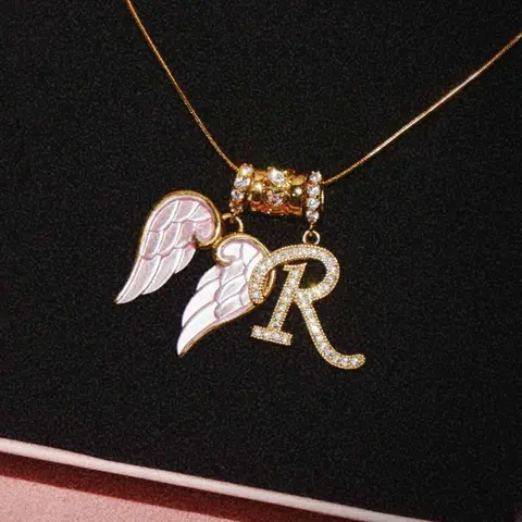 Vintage Sweet Style Wing Charm & 26 Letter Design Pendant Necklace, Women's Zircon Inlay Jewelry, Alphabet Letter Necklace