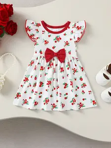Baby Girl Floral Bow Romper, Fitted Short Sleeve Knee Length Dress, Cute All over Print for Vacation, Baby Girl Clothes