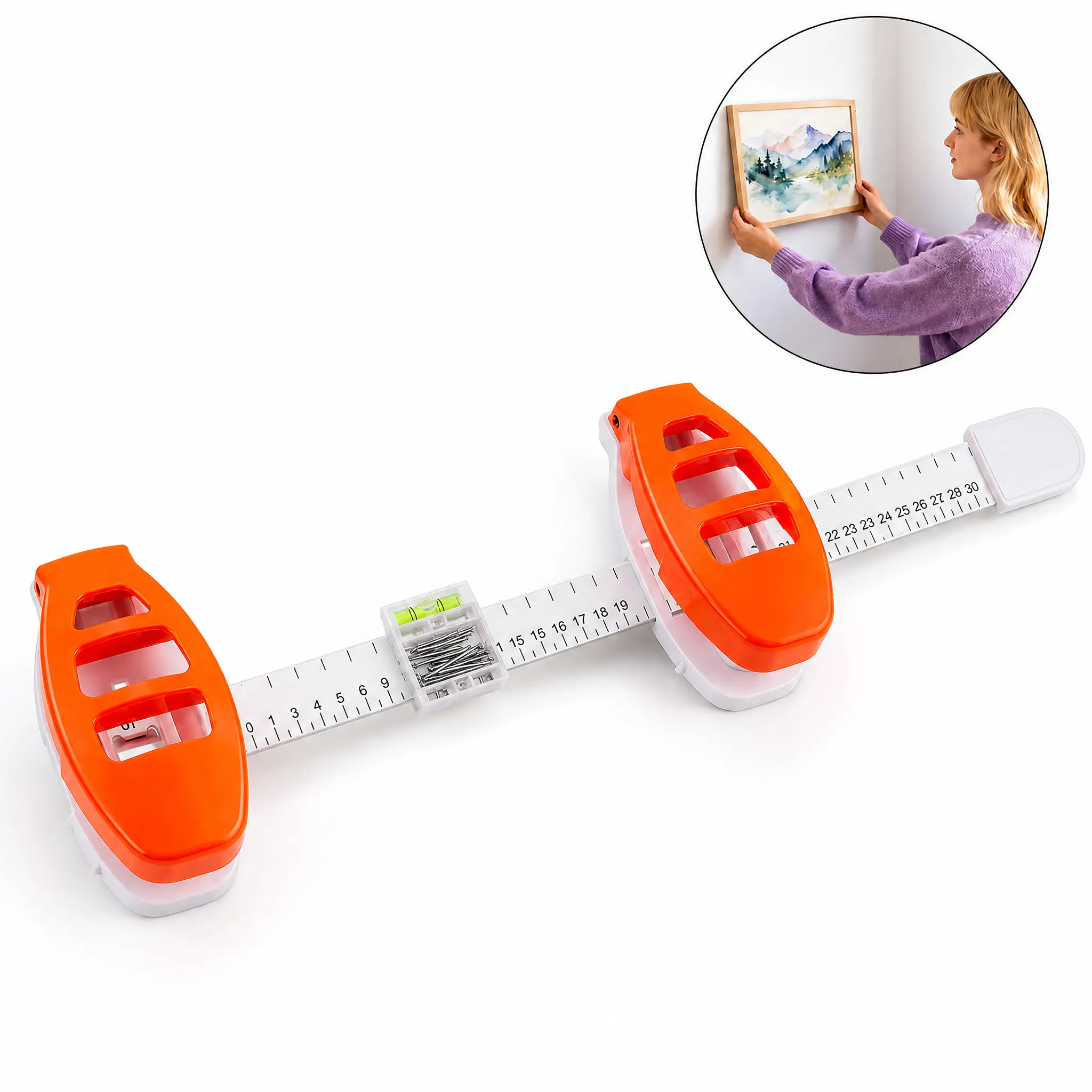 PROFESSIONAL Picture Hanging Tool with Level and Ruler, Multifunctional Picture Hanger and Frame Alignment Kit for Home Wall Decor, Easy to Use for Precise Placement