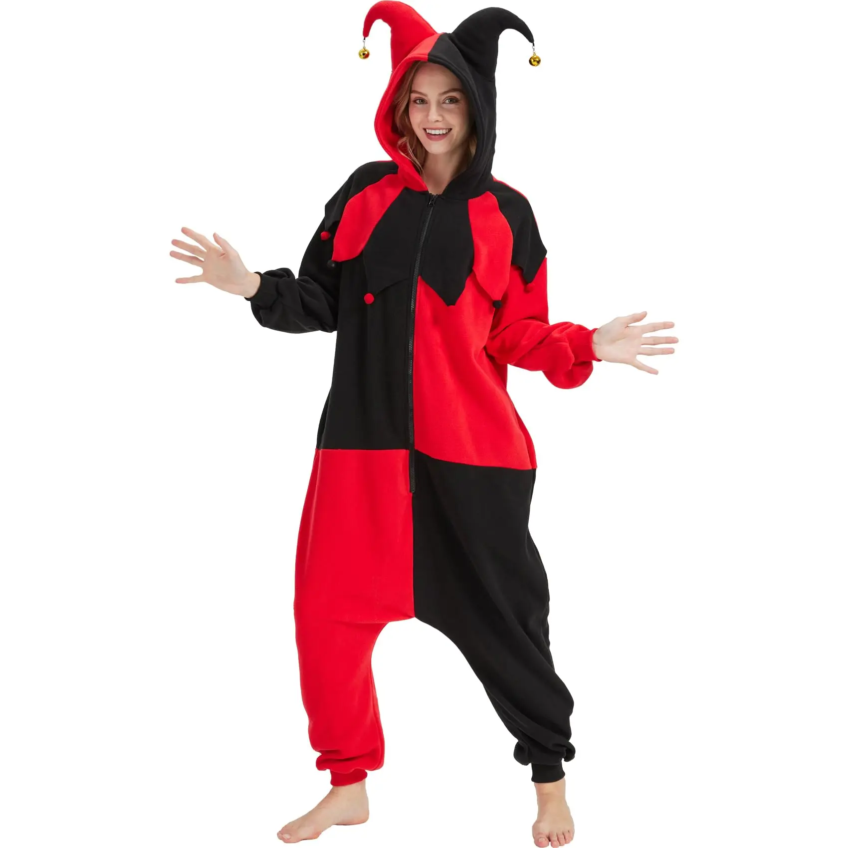 Jester Costume  - Red and Black Color Block Design with Hood and Jester Hat for Halloween monster onesie