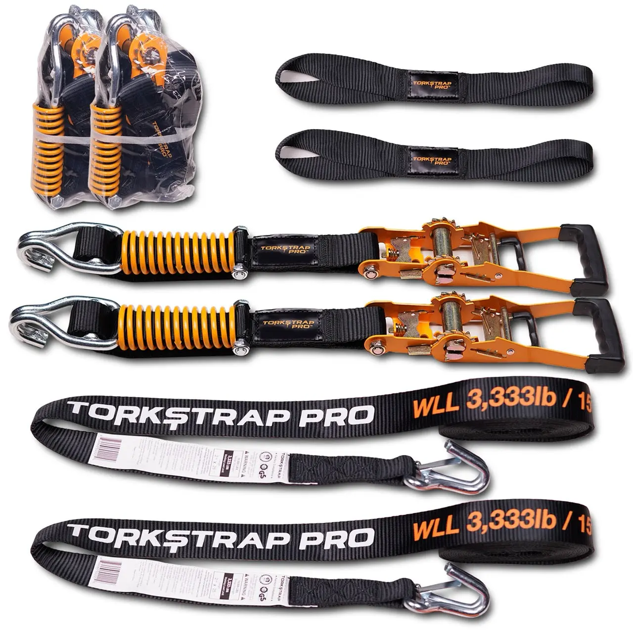 TorkStrap PRO 25' x 2'' Self Tensioning Ratchet Straps 10,000LB Break Strength with Spring Loaded Design. Works on UTVs, ATVs, Farm Equipment, Large Cargo, Trucks and Trailers. 3,333lb Safe Working Load
