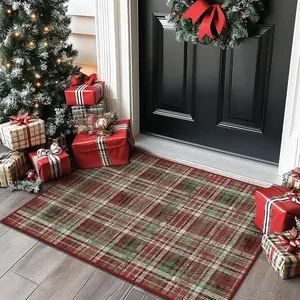 Modern Vintage Scottish Plaid Door Mat, Christmas Welcome Rug, Checkered Outdoor Rug, Soft Comfortable Faux Fur Foot Pad, Ideal for Entryway Garden Porch Living Room Bedroom