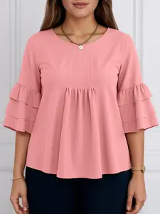 Women's Casual Shirt, Round Neck Three-Quarter Flared Pleated Design, Long Loose-Fitting Blouse Top for Daily, Commuting & Travel