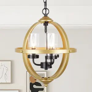 Rustic Chandelier, 14" Gold Glass Cover Luxurious Hanging Light, 3-Light Globe Vintage Pendant Ceiling Light Fixtures for Living Room Entryway Dining Room