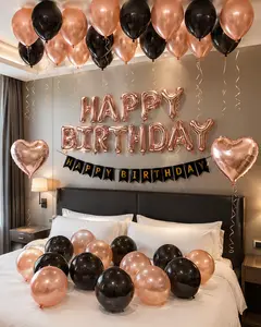 Romantic Birthday Balloon Set – Rose Gold & Black Party Decorations, Happy Birthday Banner, Heart Balloons, Latex & Foil Balloons for Hotel & Bedroom Celebration