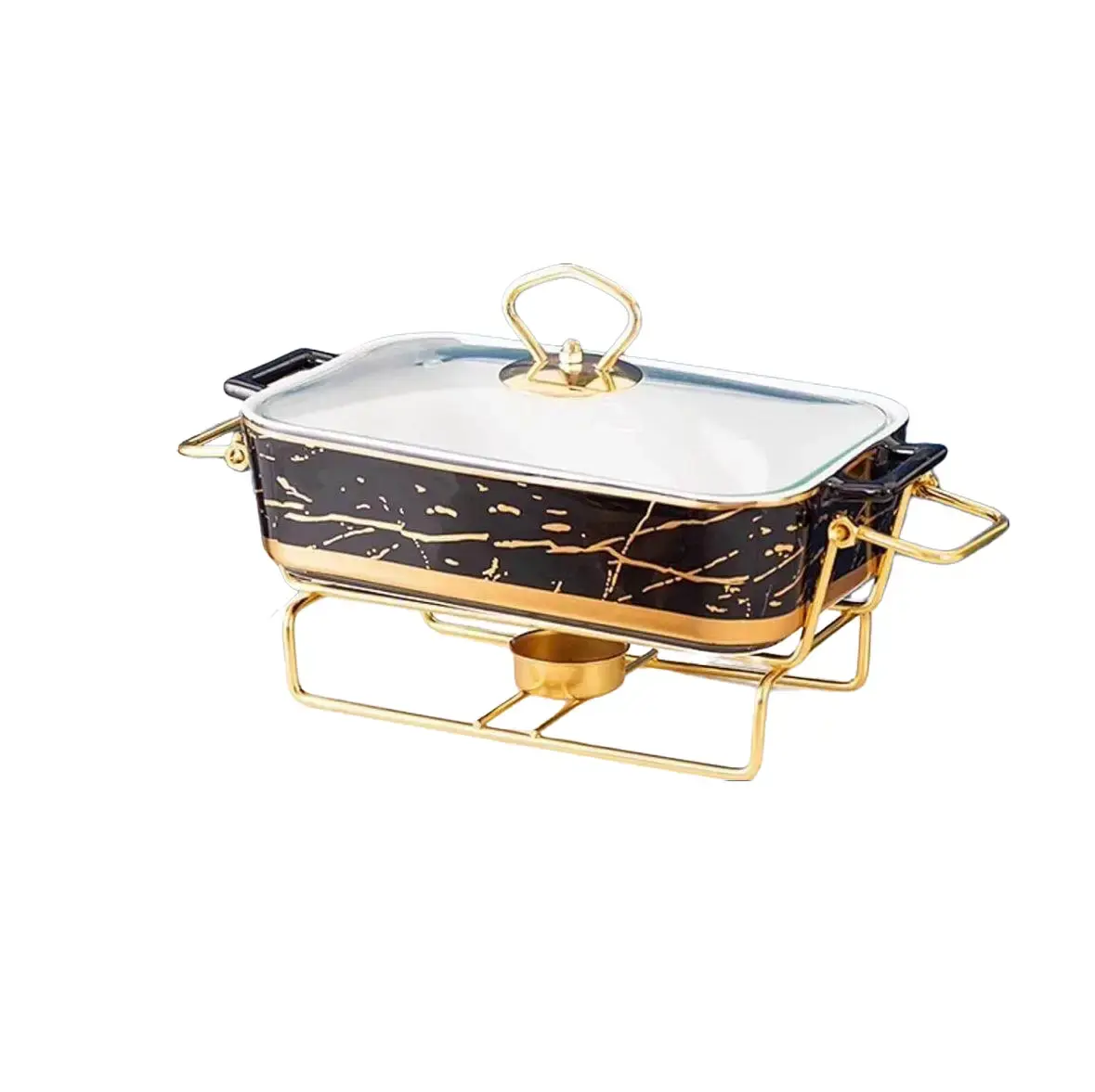 Premium Marble Finish Ceramic Roasting & Serving Pan - Heat-Resistant Glass Lid with Gold Handle & Sturdy Metal Base