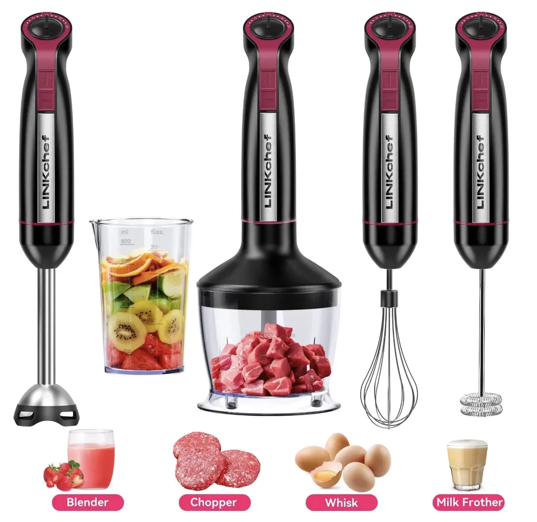 LINKChef Immersion Blender, 1000W 20-Speed 5-in-1 Hand Blender with Turbo Mode, Scratch-Resistant Stick Blender for Baby Food, Ice & Smoothie(Black)