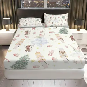 3Pcs Ballet Nutcracker Christmas Fitted sheet Three Piece Set (1*Fitted Sheet+2*Pillowcases, Coreless), Holiday theme, Festive Decor Bedding Set, Mattress protector Soft, Breathable