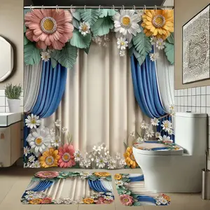 Elegant Floral Bathroom Accessories Set, Shower Essentials, Bathroom Decor, Includes Shower Curtain, U-Shaped Toilet Pad, Lid Cover, Long Rectangle Mat, 1/4 Piece, Shower Curtain Sets