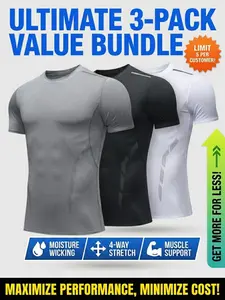 Men's 3-Piece Professional Fitness Compression Set—Short-Sleeve Workout Base Layer, Round-Neck Shaping Compression Top. Ideal for gym workouts, running, and everyday wear