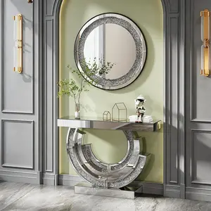 3C Shaped Crushed Diamond Hallway Table For Hotel Mirrored Centre Diamond Console Table For Living Room