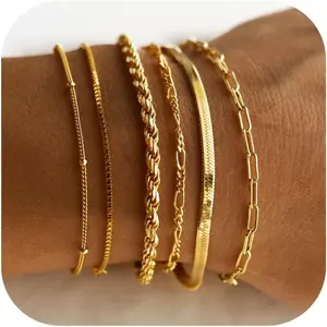 Florideco Gold Bracelets for Women Waterproof 14K Gold Plated Bracelet Stack Set Non Tarnish Trendy Thin Dainty Stackable Cuban Link Paperclip Chain Bracelet Pack Fashion Cute Jewelry Set